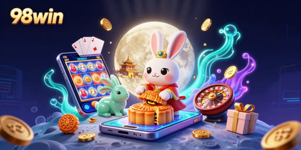 Engage with 98win's vibrant online casino world featuring animated characters and dynamic gaming elements.