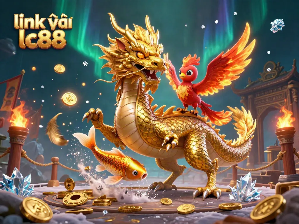 Engage in a colorful game atmosphere with the link vào lc88 featuring a golden dragon, phoenix, and koi fish.