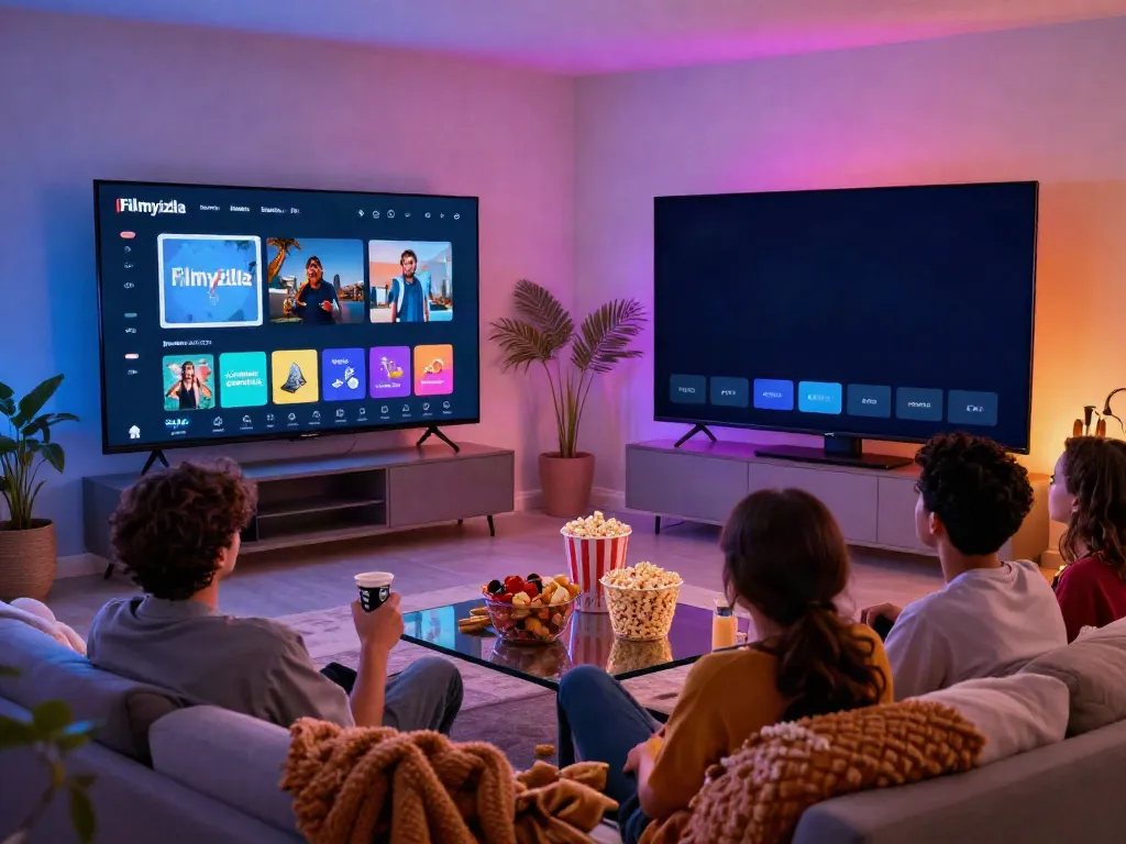 Group enjoying movie night while using fílmyzila on a smartphone.