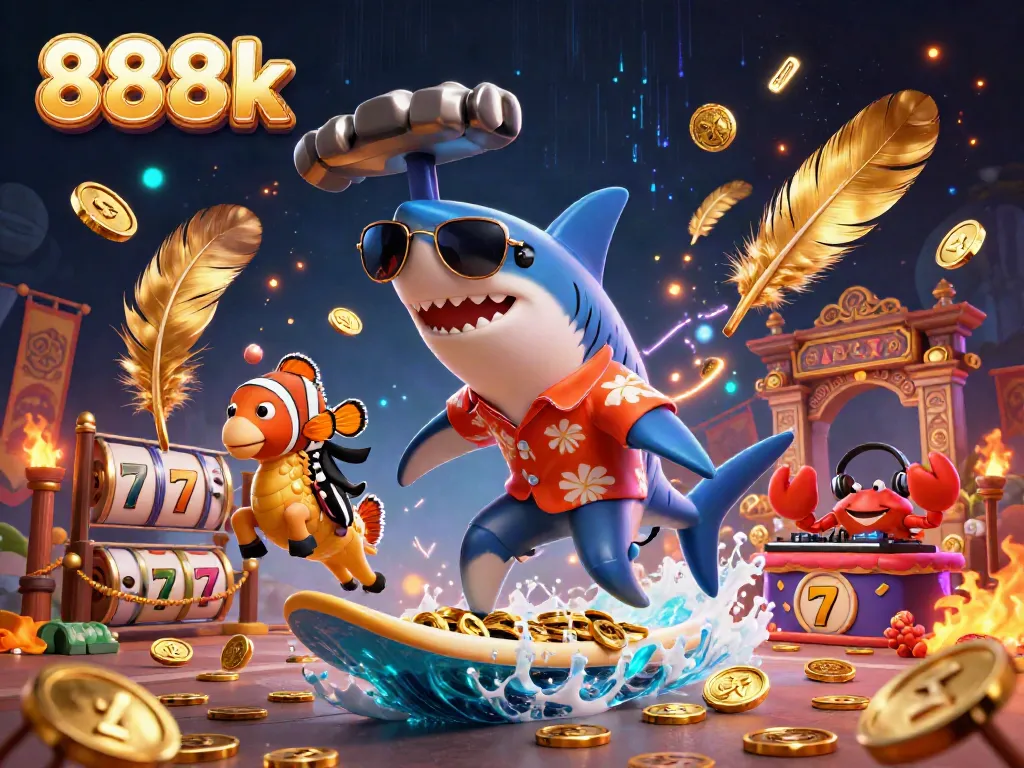 Experience thrilling gaming with 888k as charming characters surf on gold coins, surrounded by excitement.