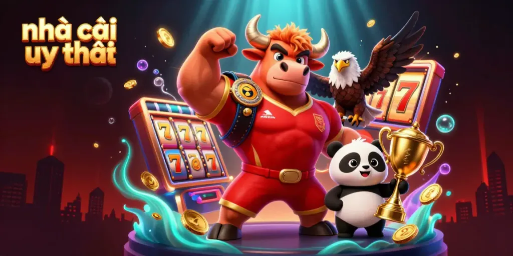 Experience the thrill of nhà cái uy tín with vibrant casino elements and lively 3D characters celebrating wins.