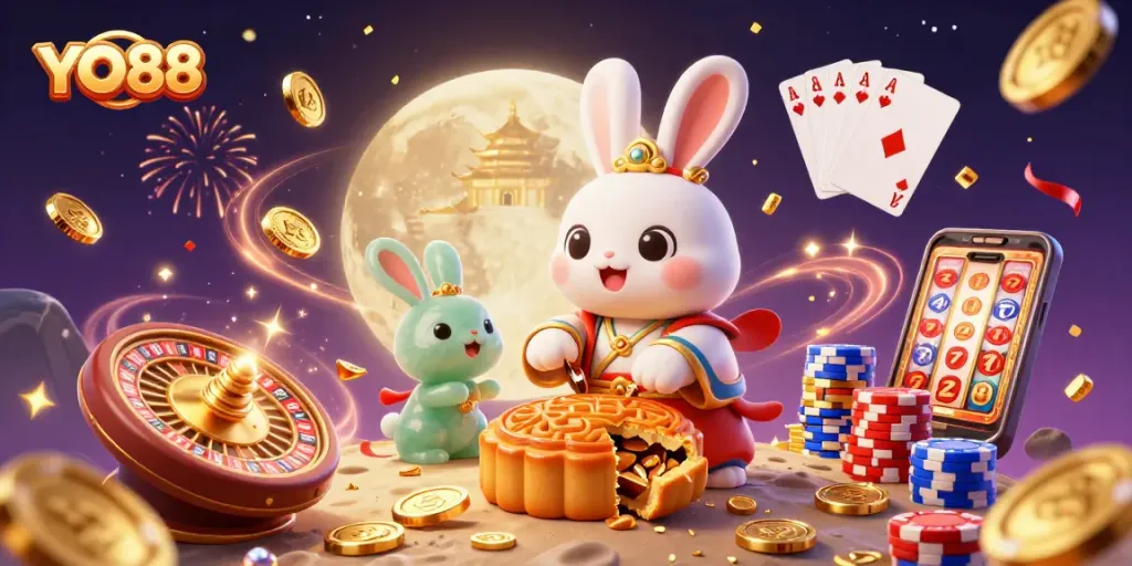 Experience the excitement of YO88 with unique poker chip mooncakes and vibrant casino elements.