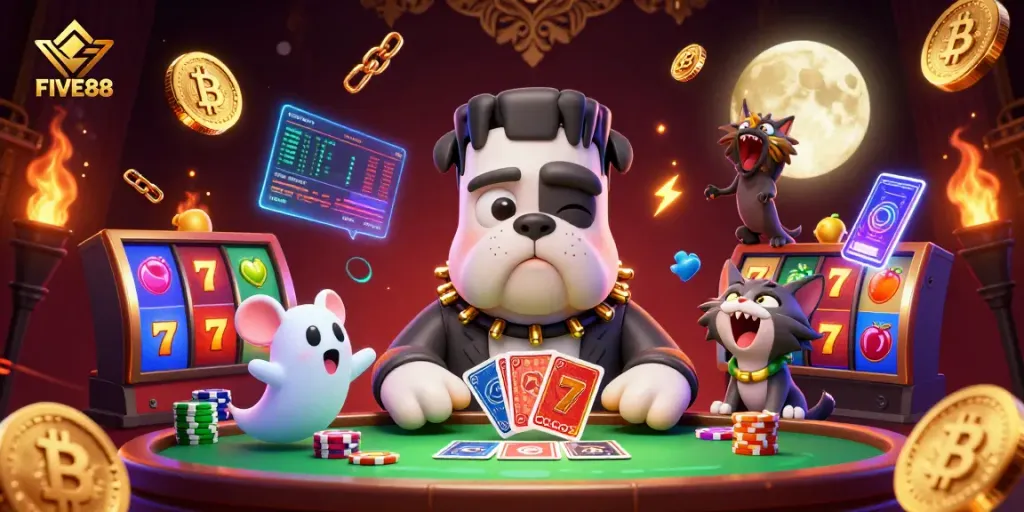Play exciting games at FIVE88 with a cartoon bulldog dealer, ghost mouse, and werewolf kitten in vibrant casino art