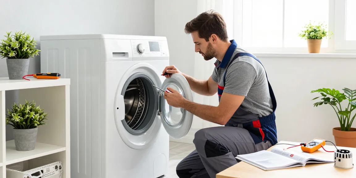 Appliance Repair in North York with technician diagnosing washing machine in bright laundry room.