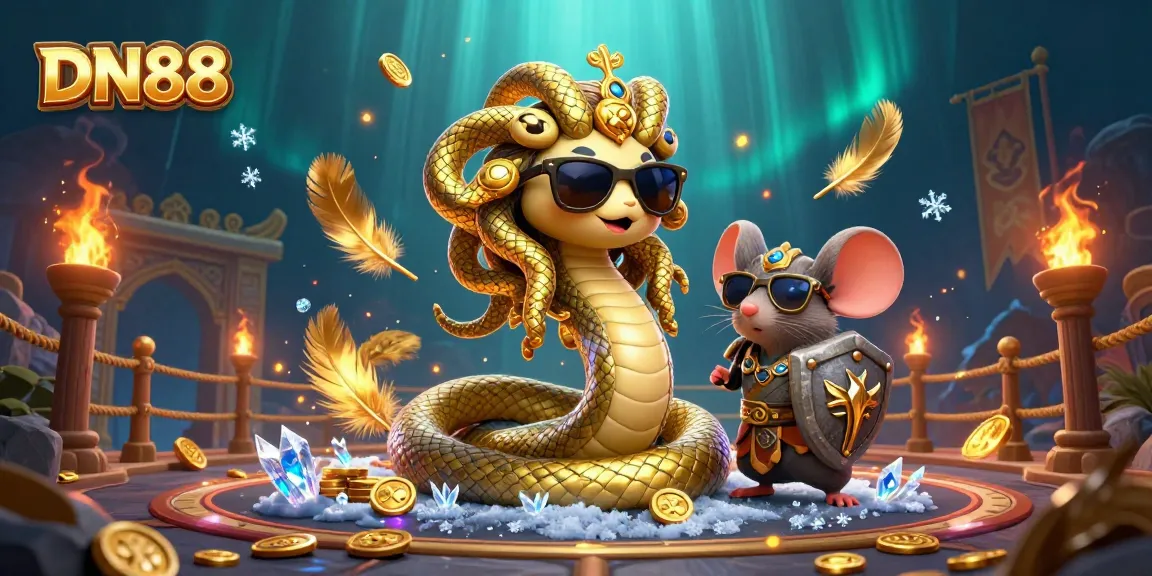 Experience the excitement at DN88 as Medusa and a warrior mouse engage in vibrant gambling, surrounded by gold coins and dynamic visuals.