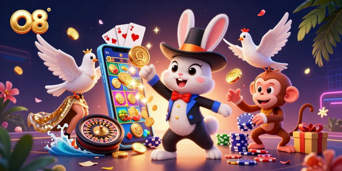 Experience the thrill of O8 with a magical scene of a rabbit, dove, and monkey interacting with casino elements.