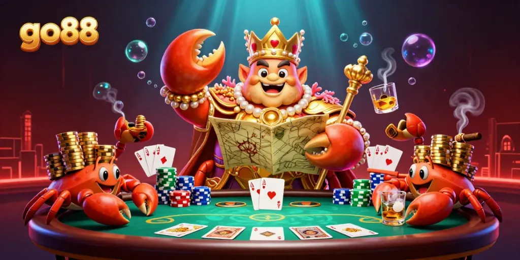 Experience thrilling moments at go88 with a golden crab emperor, poker elements, and vibrant gaming atmosphere.