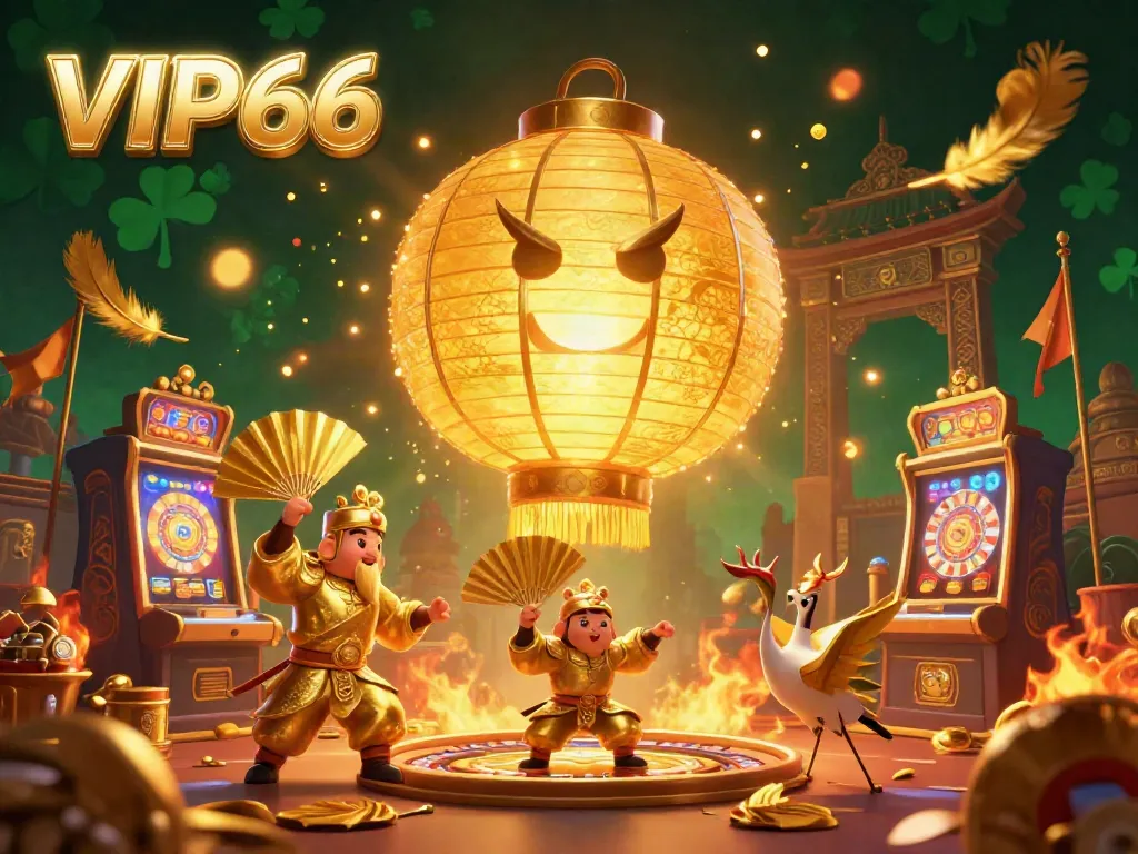 Engage with VIP66's dynamic casino scene featuring golden lantern spirits, warriors, and vibrant gaming elements.
