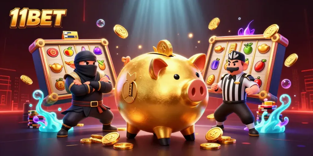 Experience thrilling gaming action with 11BET as dynamic characters engage in slots excitement.