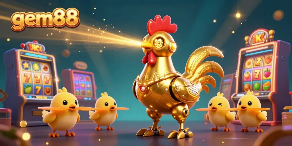 Experience thrilling slot adventures with gem88's golden rooster robot and gaming elements.