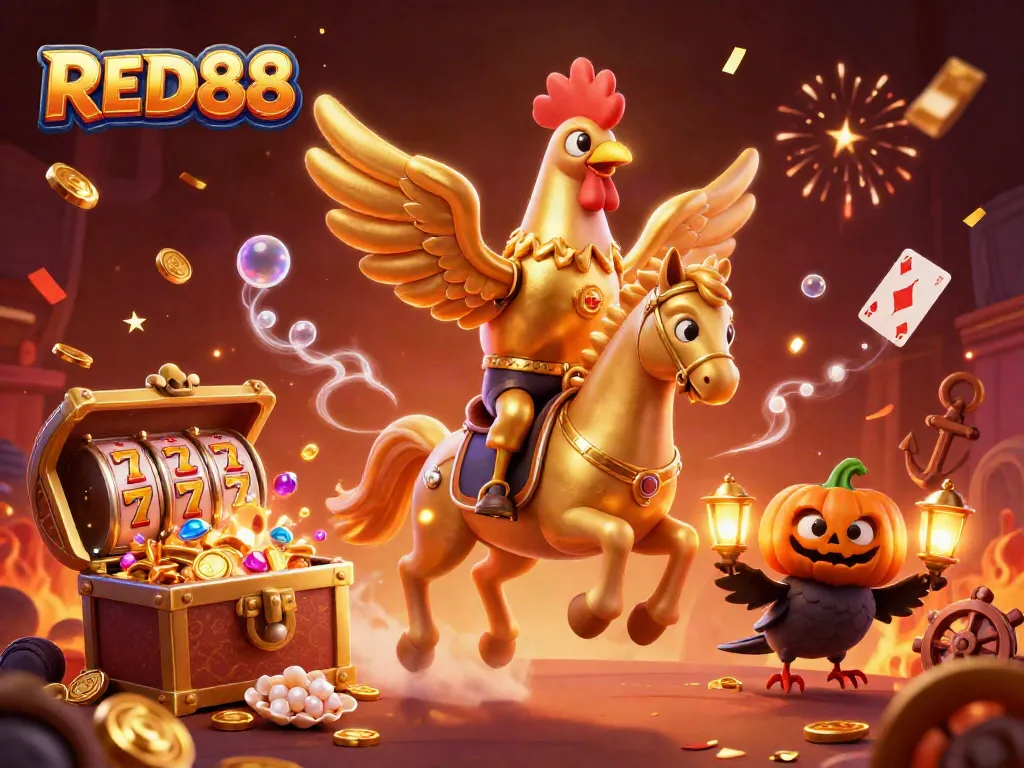 Win big with RED88 in this vibrant online casino illustration featuring golden roosters and dynamic gameplay elements.