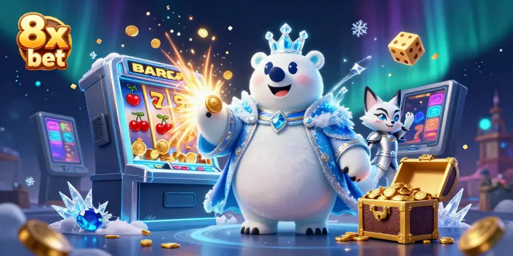 Celebrate wins with the exciting 8x bet with captivating 3D illustration of a polar bear and a snow fox.