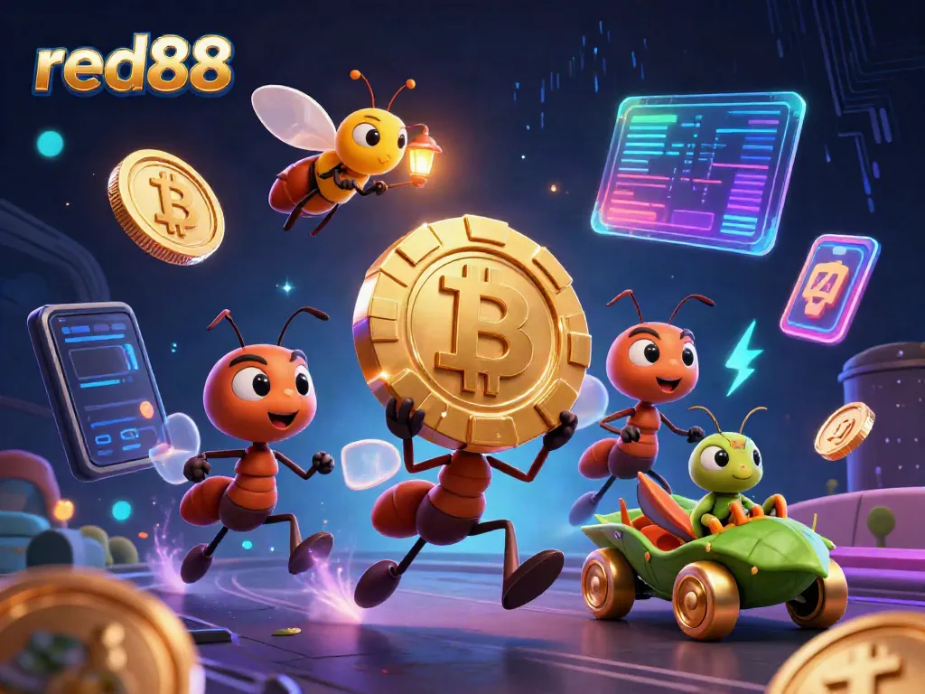 Engaging illustration of red88's dynamic ant heist with gold poker chip and crypto elements in a vibrant casino theme