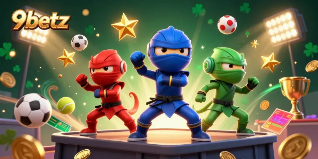 Experience thrilling action with 9betz, featuring chameleon ninjas in martial arts poses amidst dynamic sports betting elements.