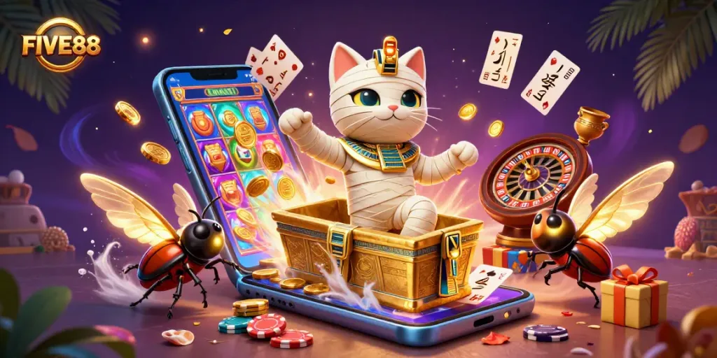 Experience FIVE88's thrilling casino adventure with an Egyptian mummy cat and magical elements.