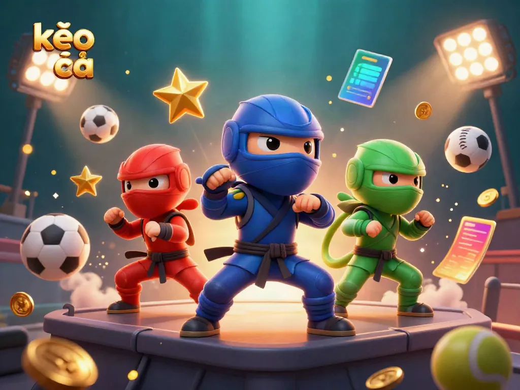Engaged chameleon ninjas demonstrating kèo nhà cái prowess with sports balls and trophies.