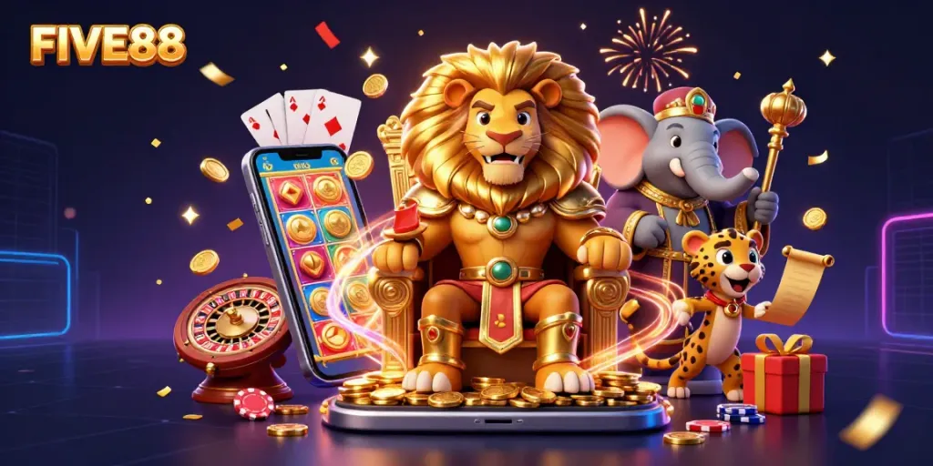 Experience the thrill of FIVE88 with a lion king on a gold throne amid vibrant casino elements.