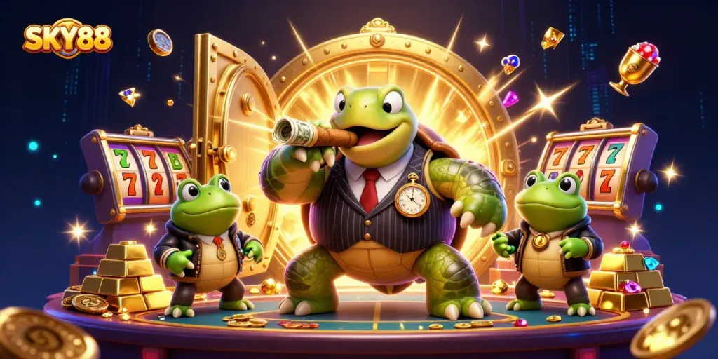 Experience thrilling gameplay at SKY88 with a festive casino atmosphere and vibrant characters.