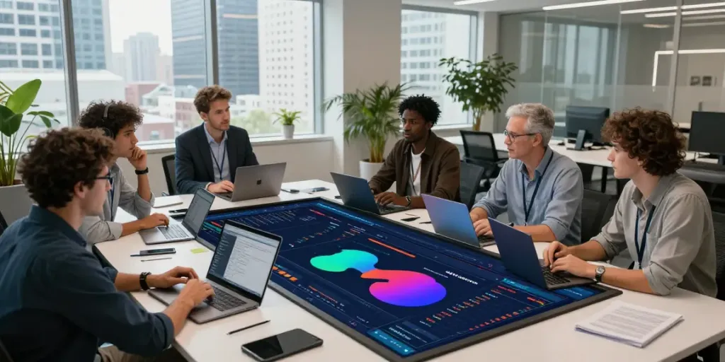 Collaborative traders discussing slate capivex strategies in a modern office environment