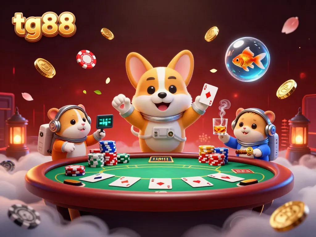 Experience tg88's thrilling space casino adventure with a corgi and friends in zero gravity.