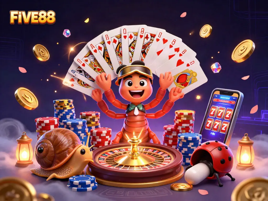 Experience thrilling gaming action with FIVE88's vibrant casino scene featuring unique characters.