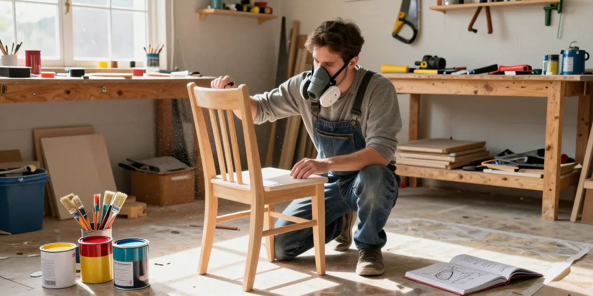 DIY enthusiast using a 3m paint mask while painting a wooden chair in a bright workshop.