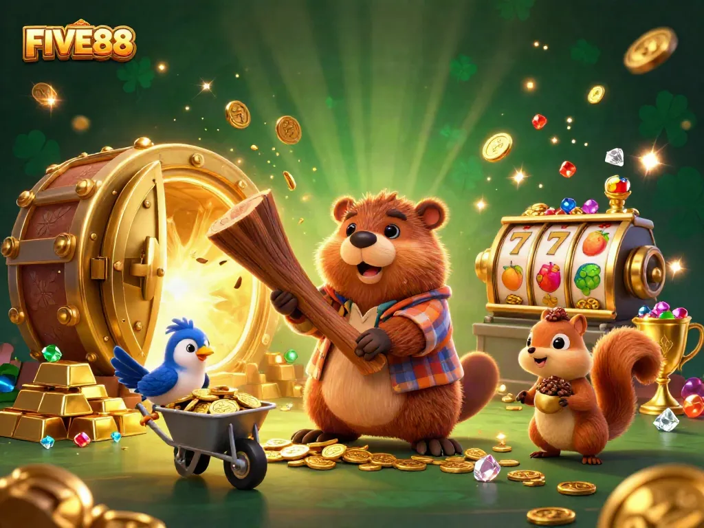 Engage with exciting FIVE88 gambling action featuring cartoon characters surrounded by gold coins and slot machines.