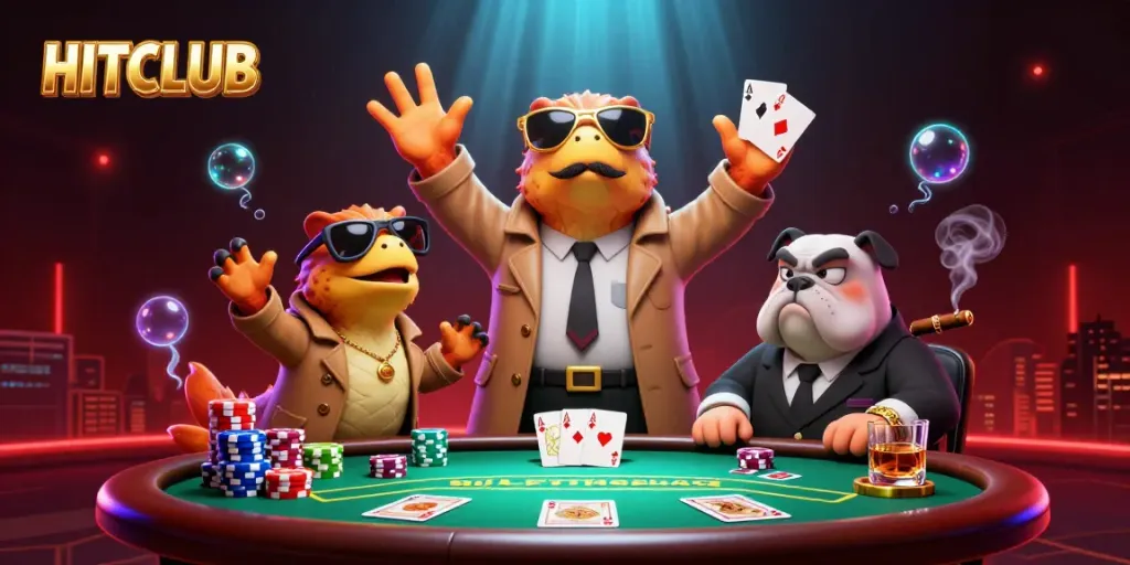 Experience the excitement of HITCLUB with raptors in a trench coat entering a VIP casino lounge.