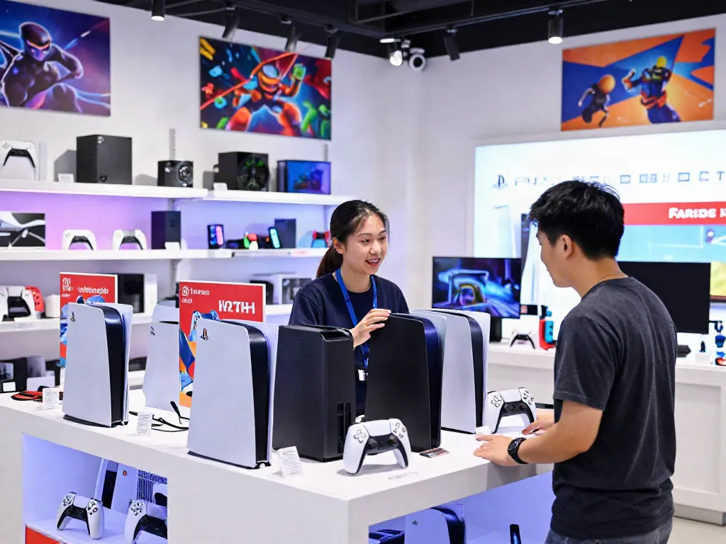 rokok88 gaming store with staff assisting customers in a vibrant atmosphere