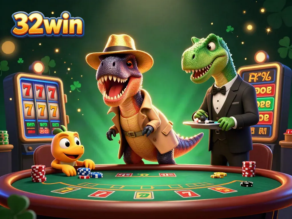 Engage in thrilling gameplay at 32win with a cheeky velociraptor card counter and exciting casino elements.
