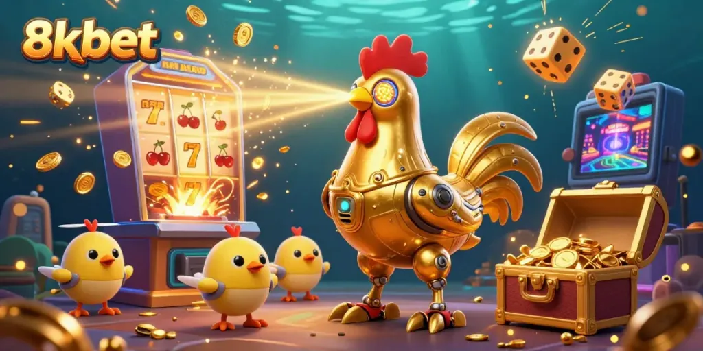 Experience the thrill of winning with 8xbet's vibrant jackpot scene featuring a golden rooster robot and dynamic slot machine action.
