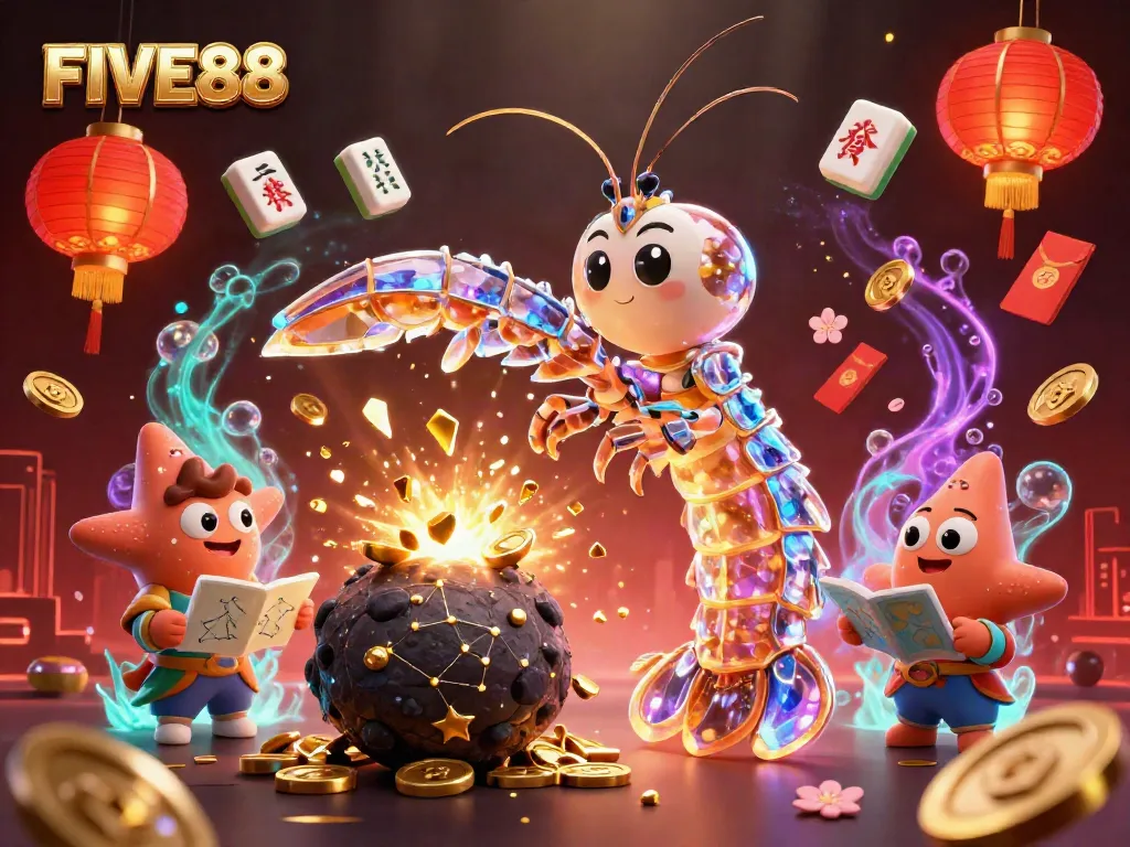 Engage in thrilling gameplay with FIVE88, depicted by vibrant 3D characters and casino symbols.