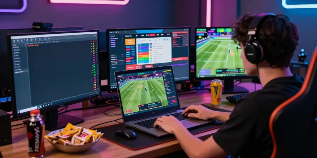 Exciting sports betting scene at Man88 with laptop and gaming setup
