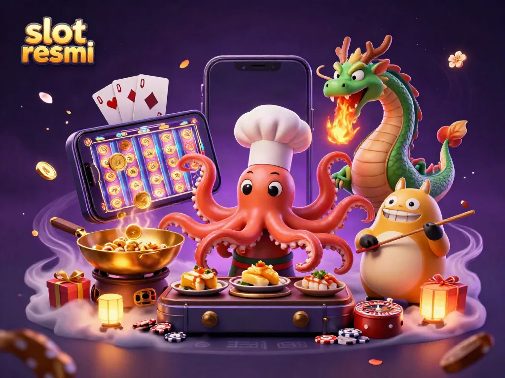 Experience the thrill of slot resmi with an energetic 3D scene featuring colorful characters and casino elements.