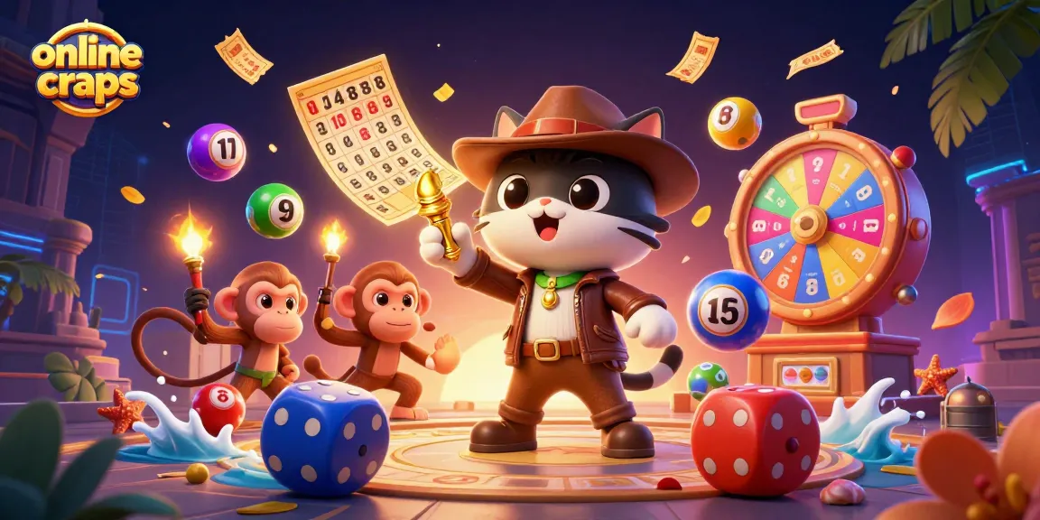 Engage in online craps with a lively casino scene featuring a cat archaeologist and monkey companion.