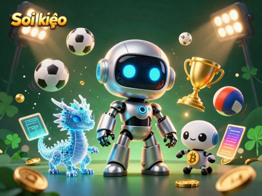 Engaging Soi kèo nhà cái illustration showcasing a cyberpunk robot and a dragon in a dynamic betting scene.