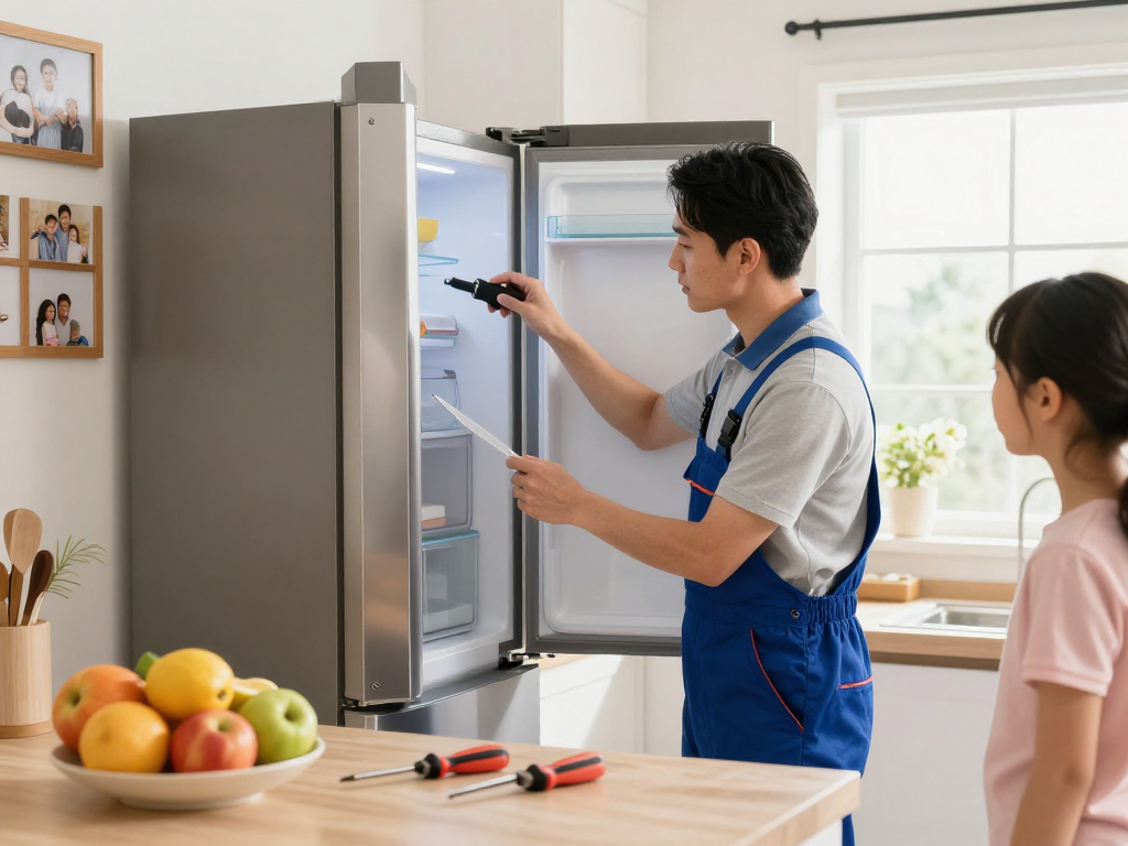 Technician providing appliance repair near me in a bright kitchen, showcasing tools and family atmosphere.