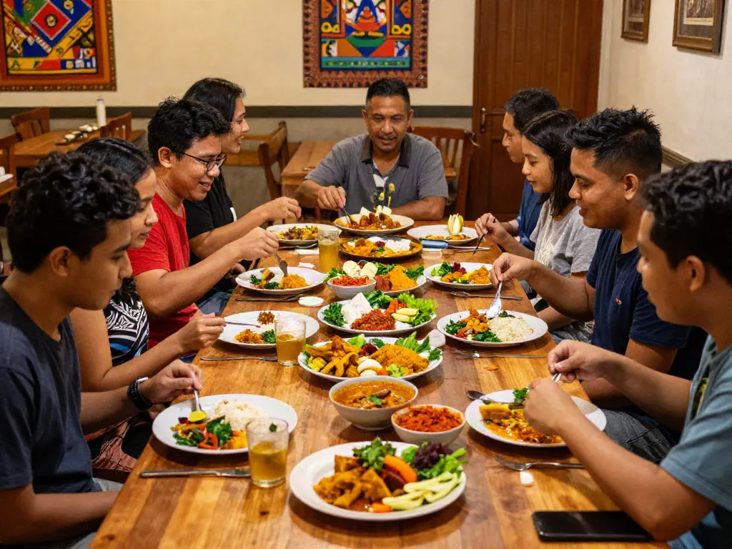 Gathering of friends enjoying rokok88 Nasi Kandar with vibrant curries and spices in a cozy Malaysian restaurant.