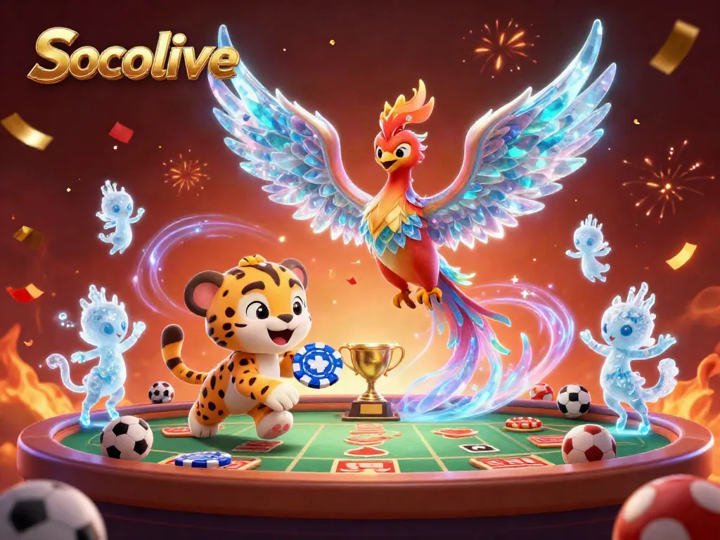 Socolive showcases an engaging sports betting scene with a cartoon phoenix and ice sprites celebrating, enriched with vibrant elements.