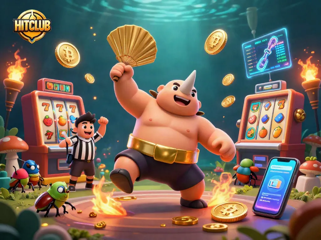 HITCLUB showcases vibrant casino action with a beetle champion amid flying slot symbols and coins.