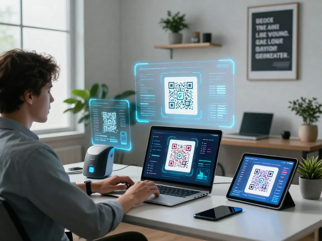 Professional using a QR Code Generator in a modern workspace with digital displays and analytics.