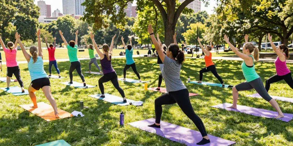 Streek fitness community engaging in outdoor group workout class in vibrant park.
