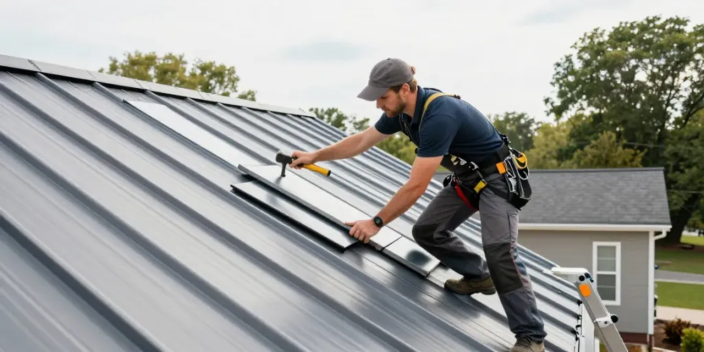 MROOF Roofing contractor installing a metal roof on a suburban home, showcasing professionalism and quality craftsmanship.