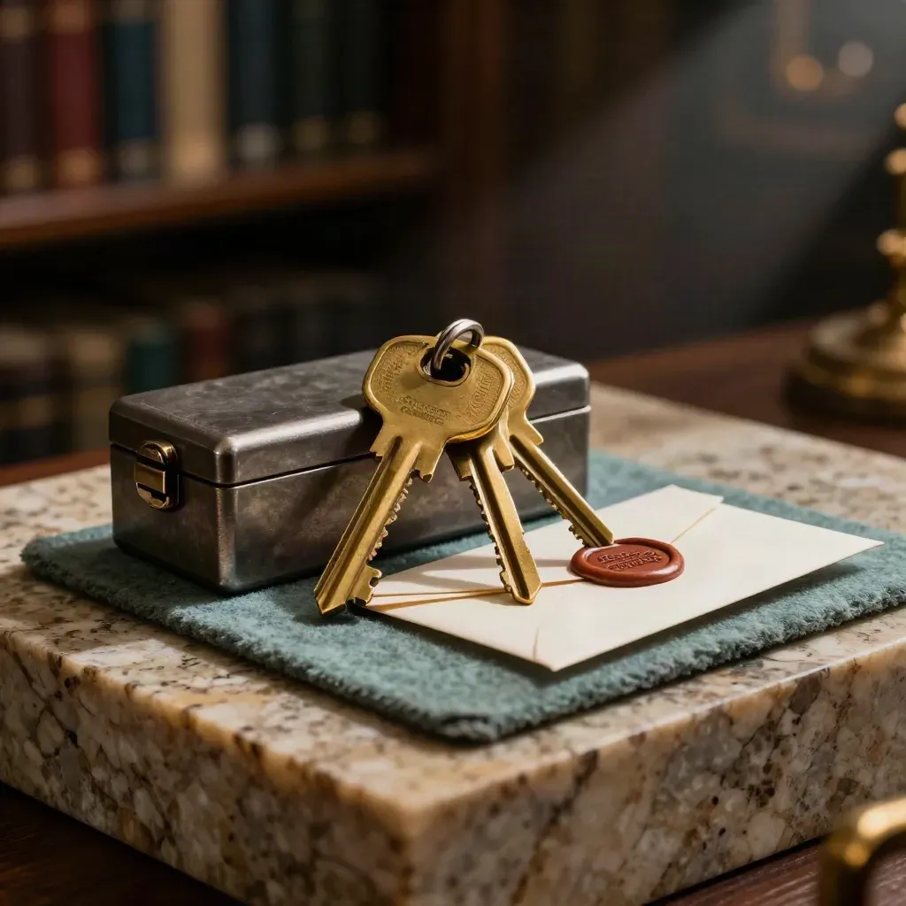 Brass keys, lockbox and wax-sealed envelope on travertine under moody studio light.