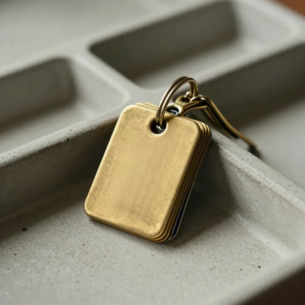 Brass key tags clipped in a small tray on pale concrete with soft directional light.