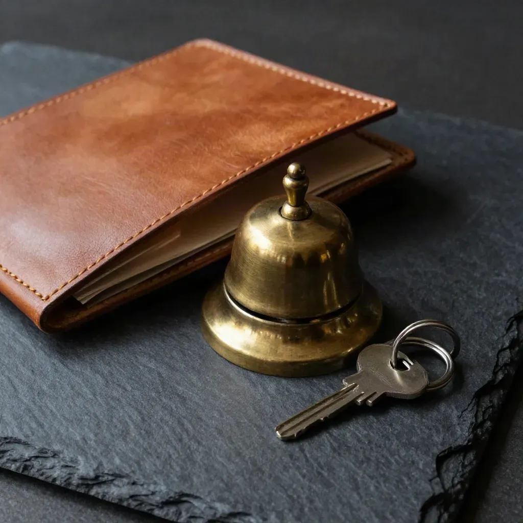 Top-down macro of a leather folder, brass bell and key ring on dark slate