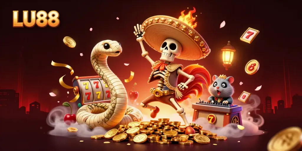 LU88 features a vibrant 3D casino scene with a skeleton mariachi and slot elements celebrating wins.