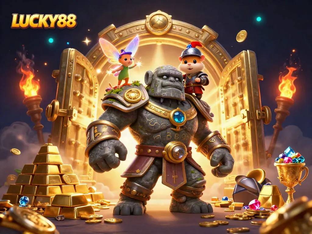 Experience the excitement of LUCKY88 with magical characters and dazzling treasure in a vibrant casino setting.