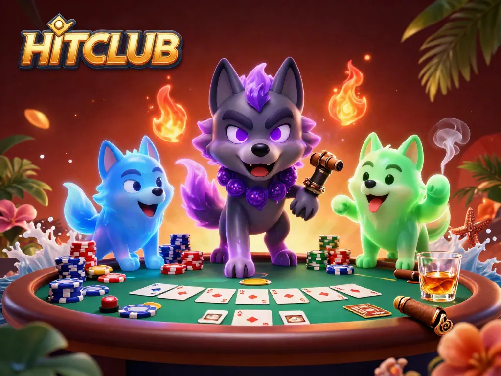 Join the HITCLUB poker experience with ghostly wolves and vibrant game elements.
