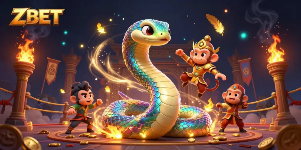 ZBET captures excitement with a vibrant scene featuring a rainbow serpent and monkey king in a dynamic casino environment.